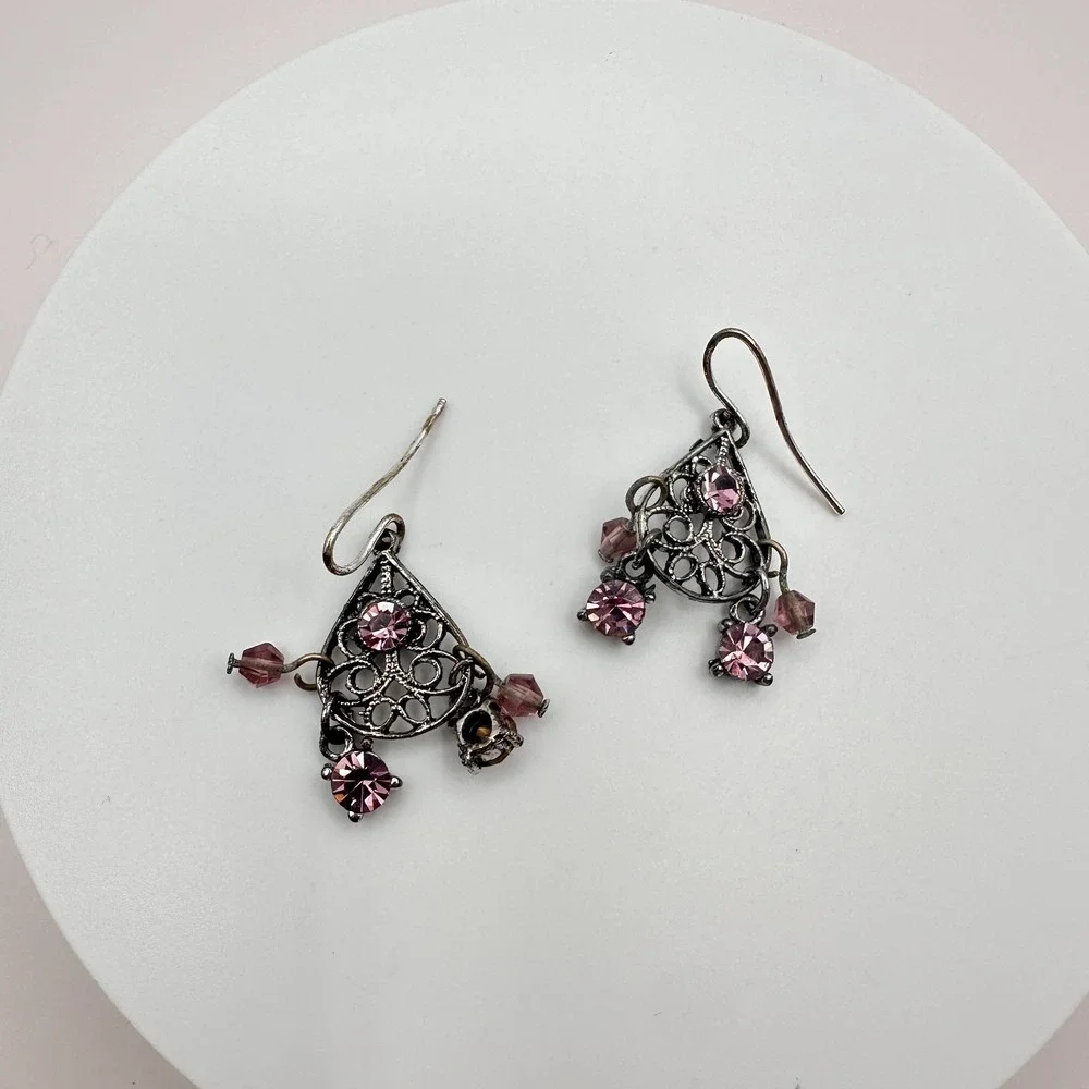 Vintage 90s Purple Crystal Bicone beads‎ Chandelier Earrings Silver Tone Jewelry